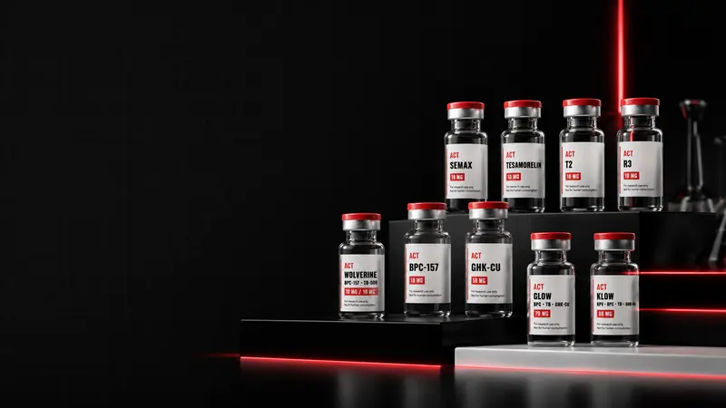 ACT Peptides research vials in a laboratory setting