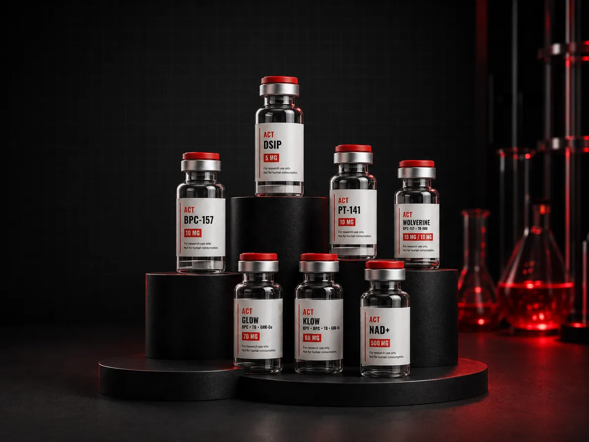 ACT Peptides research vials in a laboratory setting